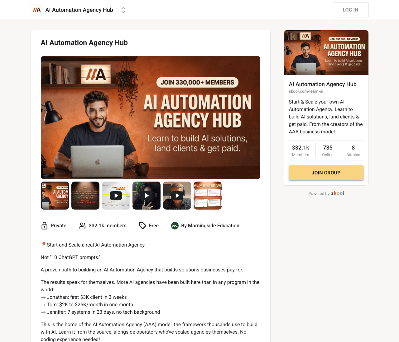 The Skool about page for AI Automation Agency Hub on 13 August 2026, showing “Private · 332.1k members · Free · By Morningside Education” above the landing copy and a JOIN GROUP button