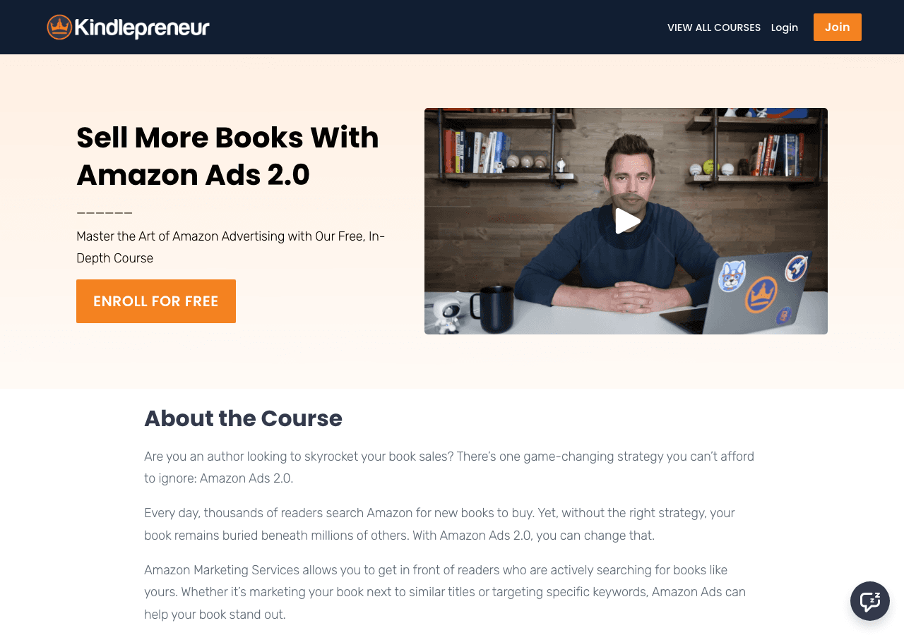 The Amazon Advertisements For Books Course sales page on Podia, showing the ENROLL FOR FREE button