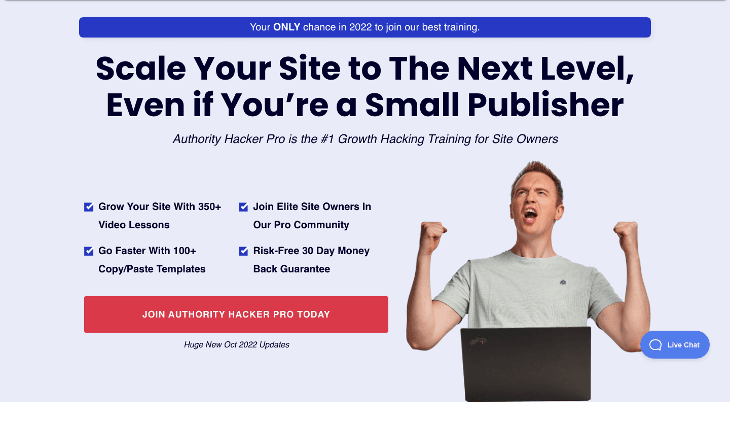 Screenshot of the archived official Authority Hacker Pro landing page header and hero