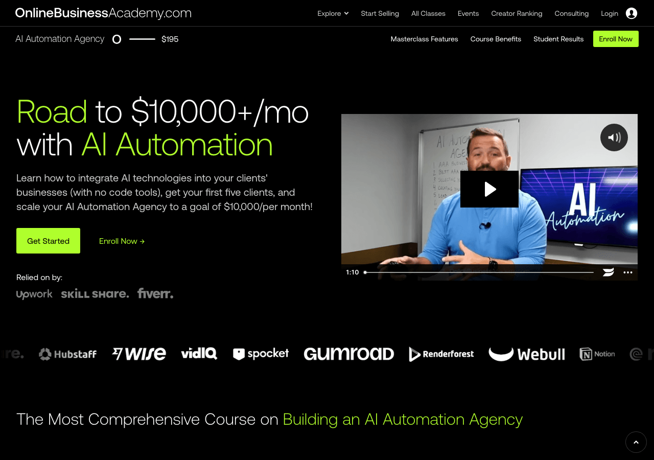 The Online Business Academy sales page for Building a $10,000+ per Month AI Automation Agency on 14 August 2026, showing the “$195” price in the sticky header above the “Road to $10,000+/mo with AI Automation” hero and an Enroll Now button