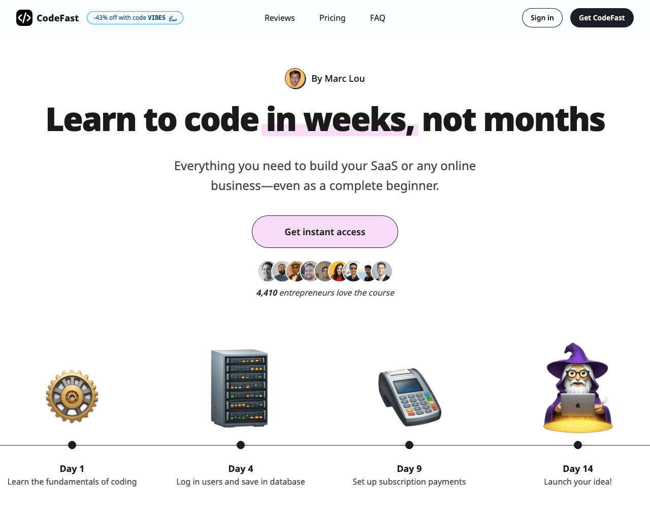 Screenshot of the current official CodeFast landing page hero