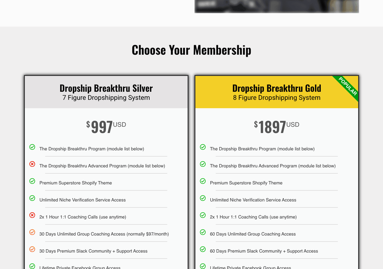 Dropship Breakthru’s official checkout page showing the Silver membership at $997 USD and the Gold membership at $1,897 USD, with red crosses marking what Silver excludes