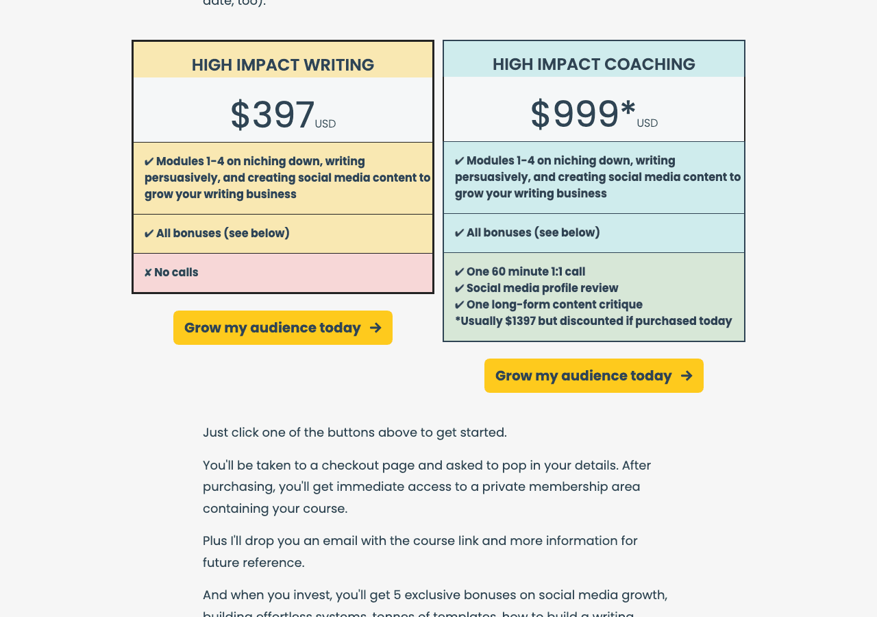 The High Impact Writing sales page pricing block showing the $397 USD course tier and the $999 USD coaching tier with its “Usually $1397 but discounted if purchased today” footnote