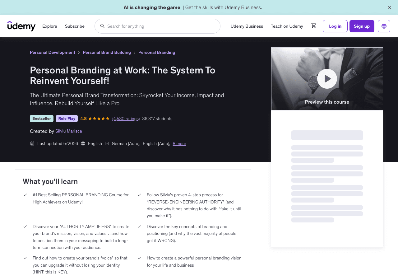 The Udemy course page for Personal Branding at Work, showing its 4.8 rating, 4,530 ratings and 36,317 students