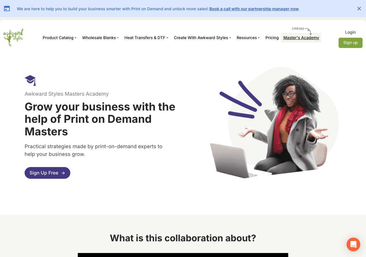 The archived Awkward Styles Masters Academy hero reading “Grow your business with the help of Print on Demand Masters” above a “Sign Up Free” button