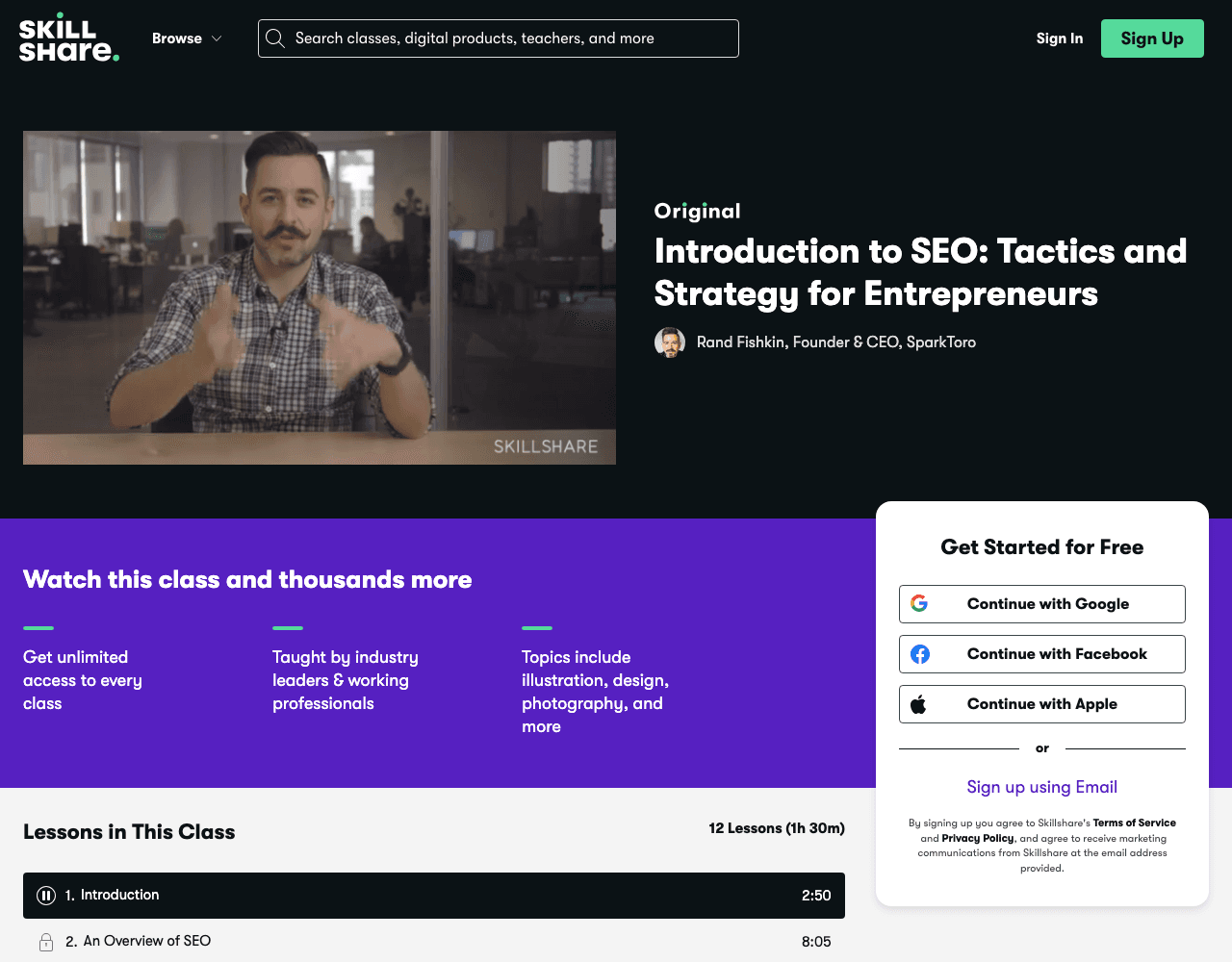 The Skillshare class page for Rand Fishkin's Introduction to SEO: Tactics and Strategy for Entrepreneurs