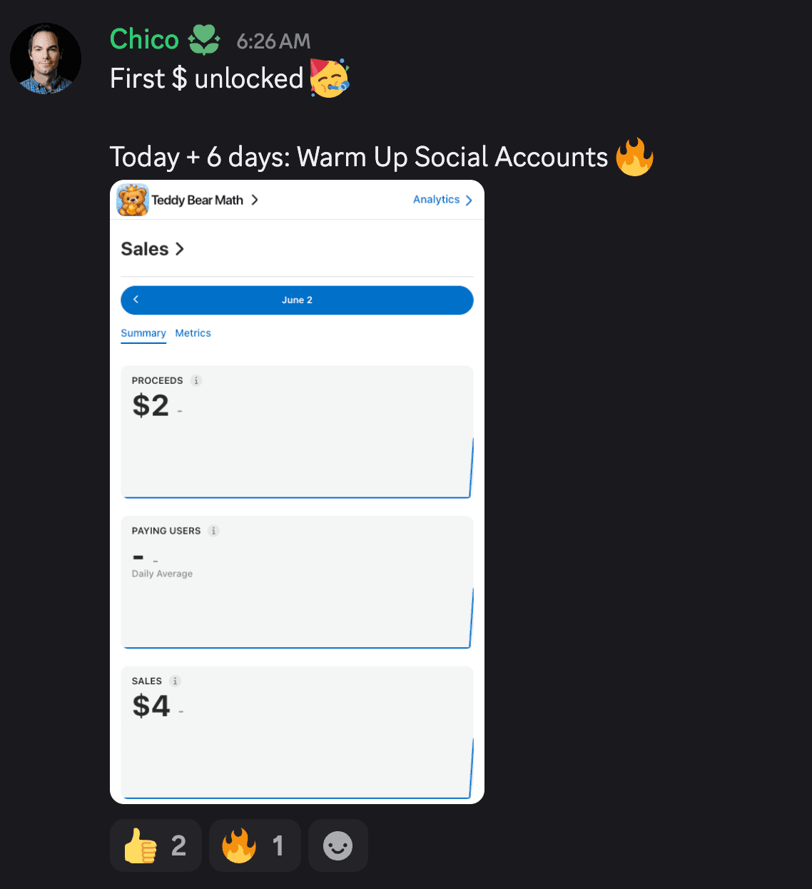 Seller-hosted Discord screenshot in which Chico says First dollar unlocked and shows Teddy Bear Math sales