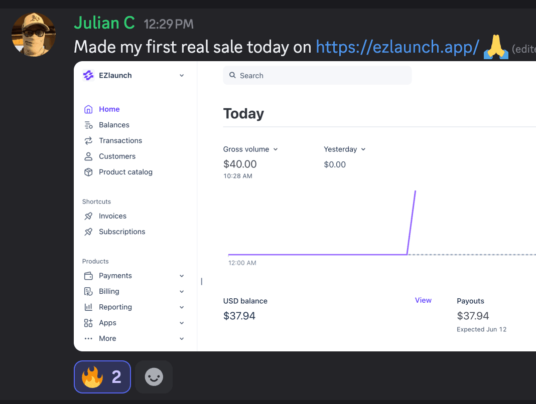 Seller-hosted Discord screenshot from Julian C reporting a first real sale on EZlaunch