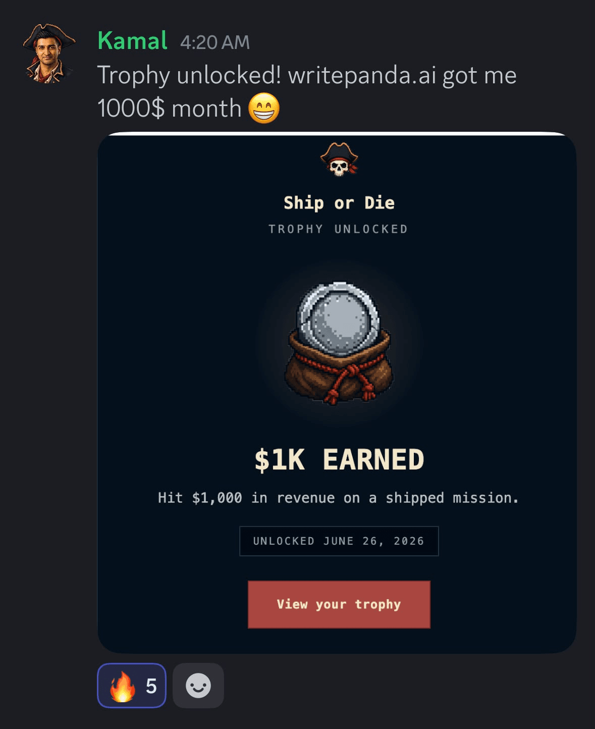 Seller-hosted Discord screenshot from Kamal showing a Ship or Die one-thousand-dollar trophy for WritePanda