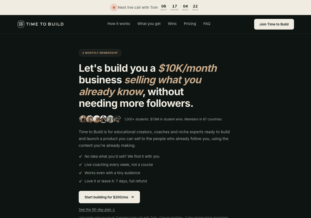 Time to Build membership marketing image, from Tom Noske's own sales page