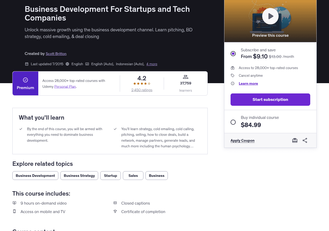 Udemy listing for Business Development For Startups and Tech Companies showing the 4.2 rating, 37,759 learners, the $84.99 individual price and the 7/2015 last-updated date