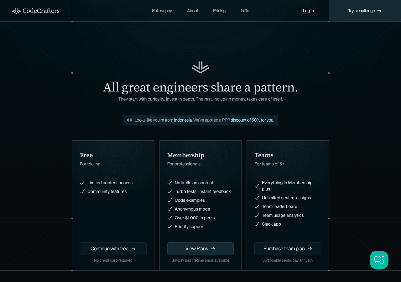 CodeCrafters official pricing page showing the Free, Membership and Teams tiers with a purchasing-power-parity discount banner