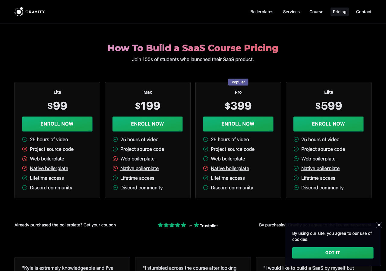 Official How To Build a SaaS course pricing page showing Lite $99, Max $199, Pro $399 and Elite $599 tiers