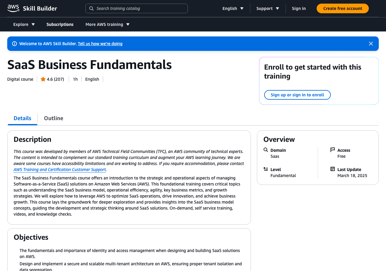 AWS Skill Builder page for SaaS Business Fundamentals showing Access: Free and a 4.6 rating from 207 reviews