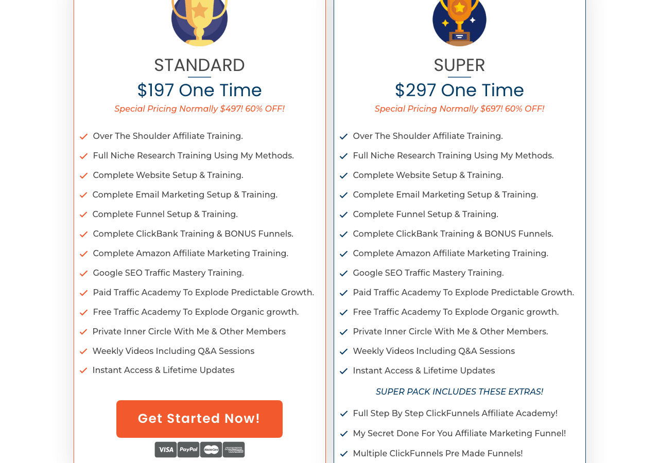 Current Savage Affiliates pricing table showing the $197 Standard and $297 Super tiers