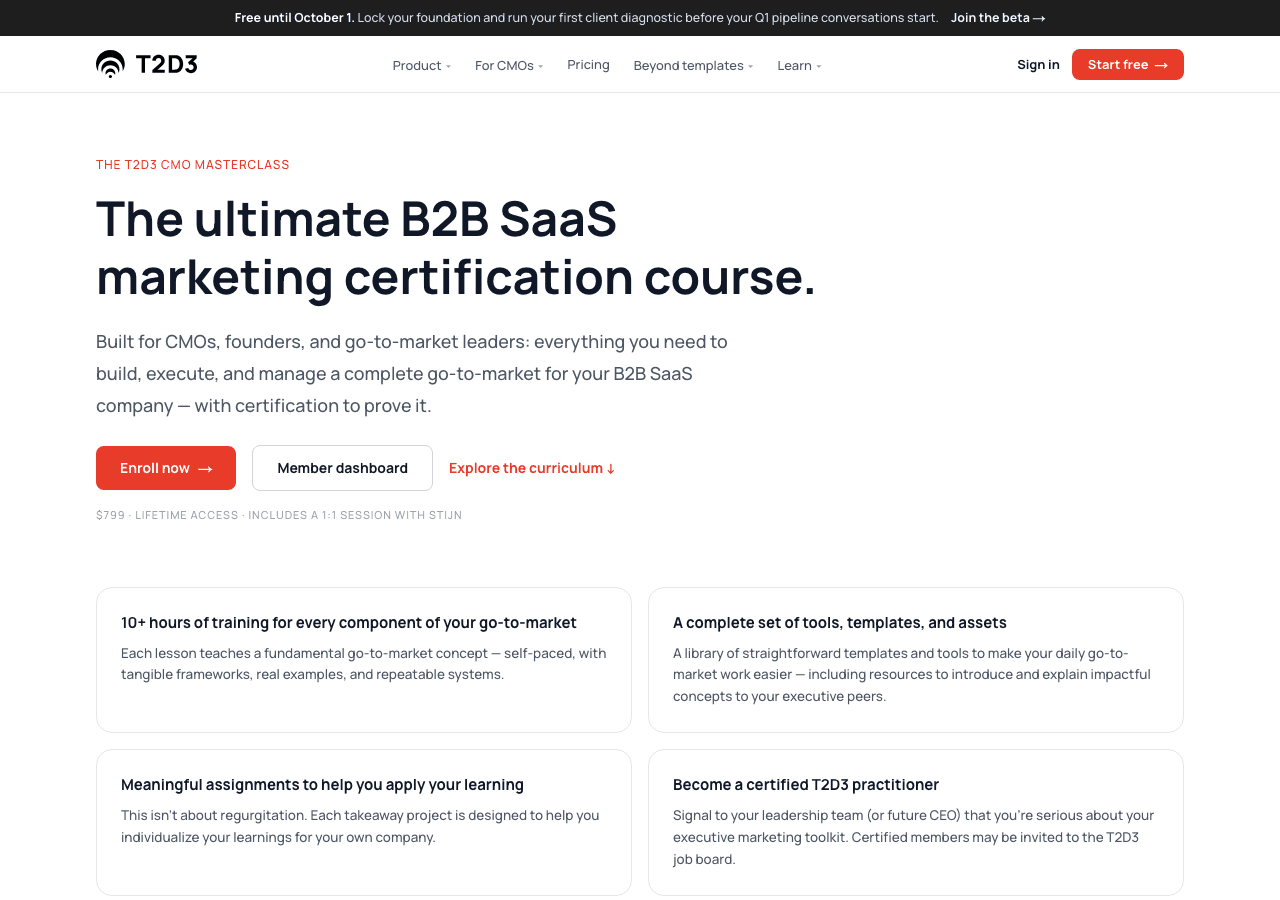 T2D3 B2B SaaS CMO Masterclass landing page hero showing the $799 lifetime-access price line
