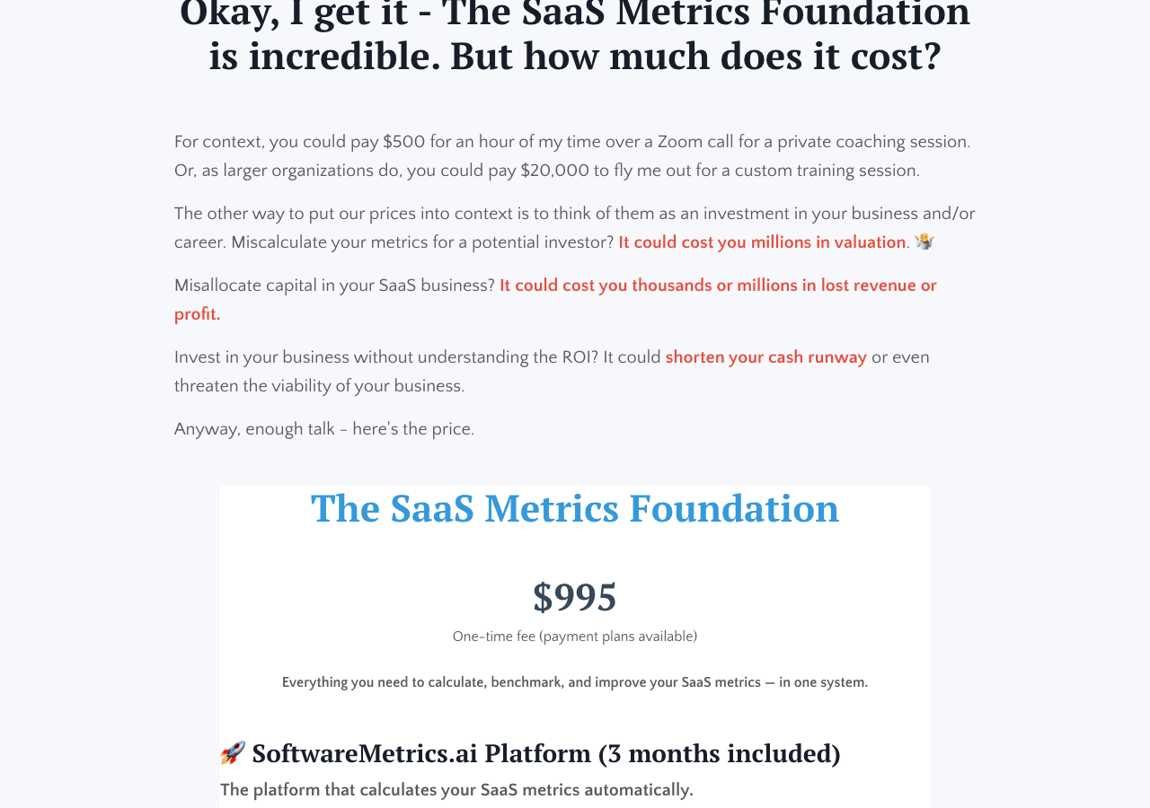 The SaaS Metrics Foundation pricing block showing $995 one-time and the SoftwareMetrics.ai inclusion