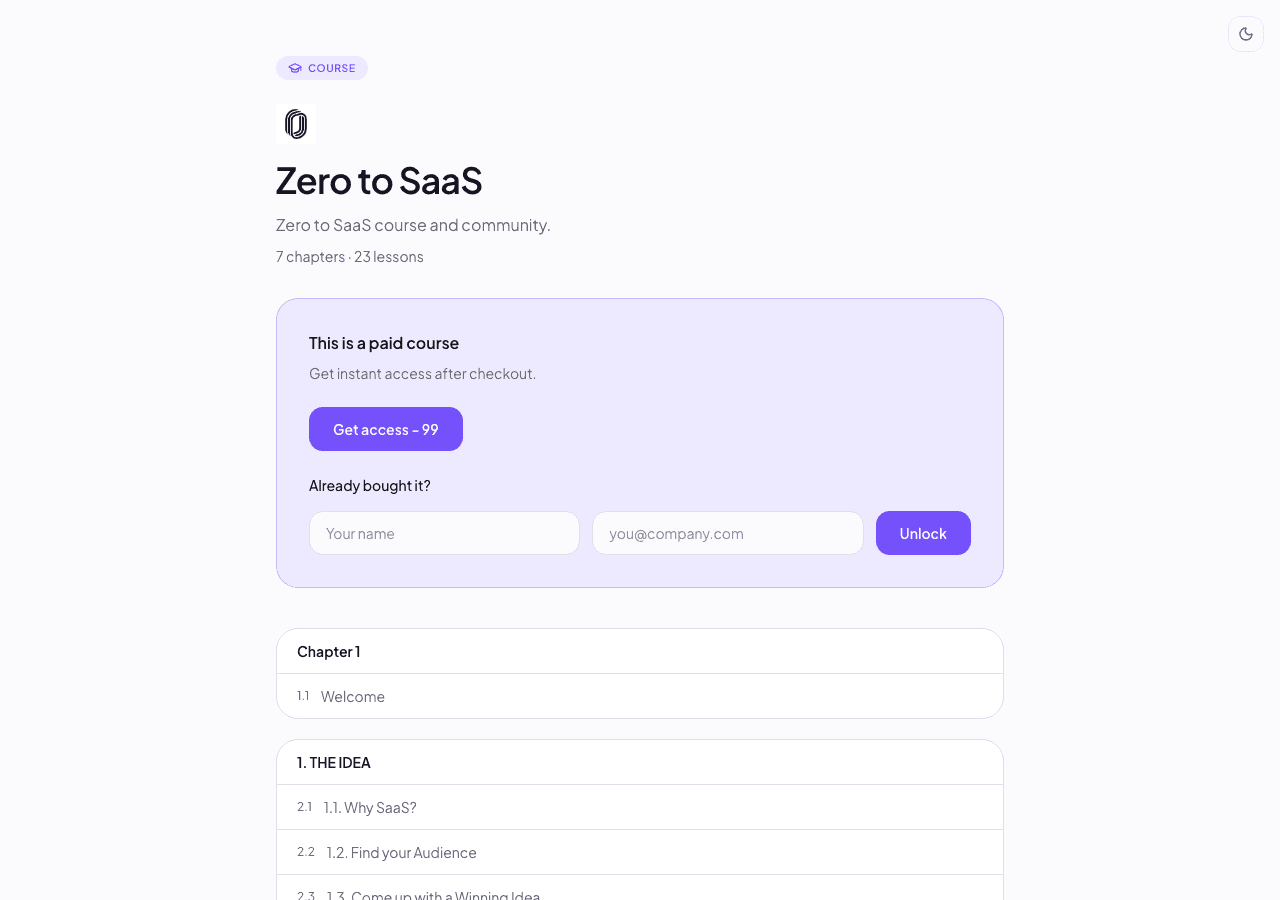 The current Zero to SaaS course page showing the $99 access button and lesson list